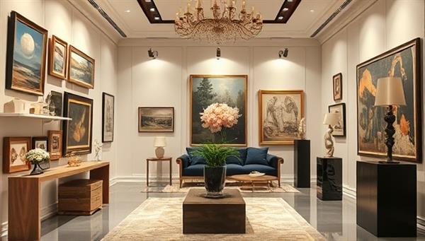 An elegant art gallery display featuring a curated collection of paintings, sculptures, and art installations in a sophisticated real estate setting, highlighting the seamless integration of art into property interiors and the transformative power of art curation in enhancing visual appeal.