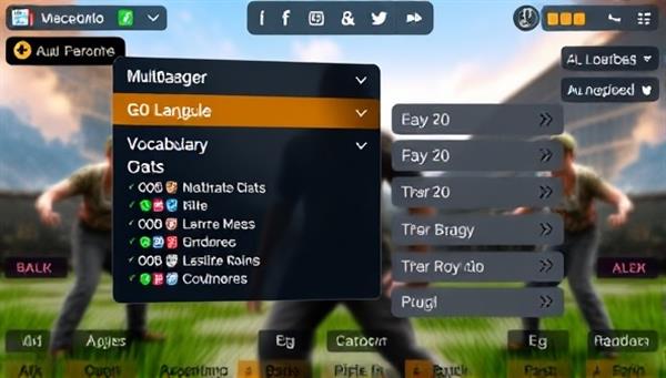 An interactive language learning interface overlaying a popular video game screen, with language prompts, vocabulary exercises, and multiplayer chat features integrated seamlessly into the gaming experience, highlighting the fusion of gaming and language learning elements on the platform.