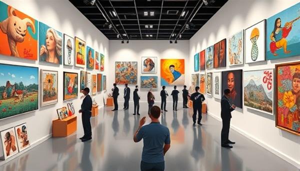 A visually stunning 3D representation of a virtual art gallery filled with vibrant and diverse artworks, with digital avatars exploring the space and engaging with the art, capturing the immersive and interactive nature of the virtual art exhibitions hosted on the platform.
