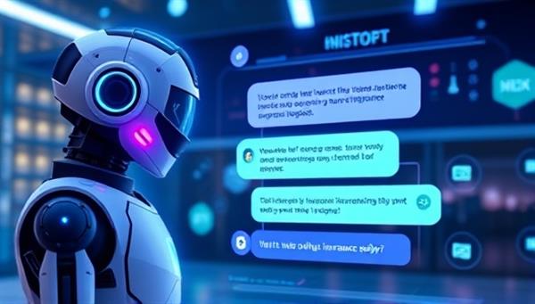 An engaging visual of a futuristic chatbot interface interacting with a user, displaying personalized insurance policy recommendations based on the individual