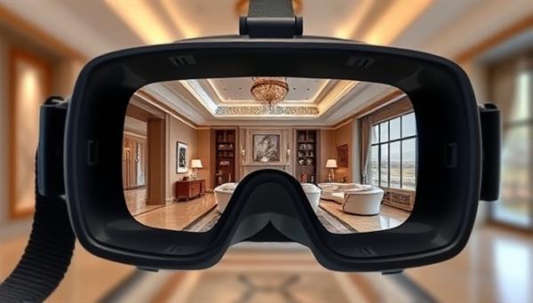 A virtual reality headset displaying a 3D tour of a luxurious property interior, with interactive hotspots for navigation and information, showcasing the immersive and engaging experience offered by VirtuHome Tours