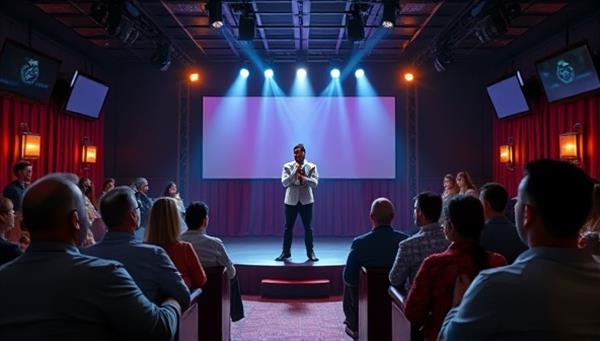 A lively virtual comedy club setting with a stage, audience members laughing, and a comedian delivering a stand-up performance, capturing the essence of a live comedy show in a digital space.