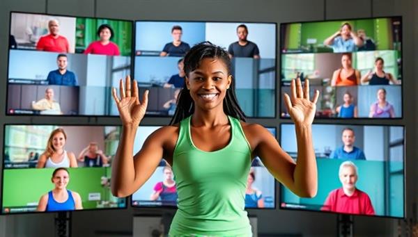 A vibrant and energetic image of a virtual fitness coach leading an interactive workout session with diverse participants on screens, showcasing community spirit and active engagement.