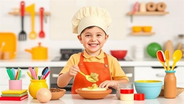 A cheerful kitchen setup with a child wearing a chef