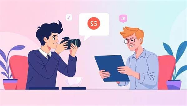 An engaging digital illustration of two individuals virtually exchanging skills, one teaching photography techniques while the other learns editing skills, symbolizing the collaborative and interactive nature of the SkillSwap Hub platform.