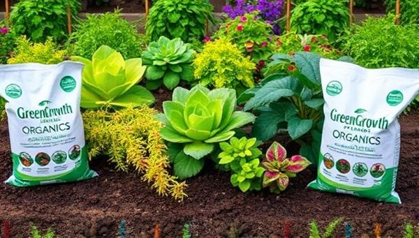 An image of a diverse garden showcasing vibrant, healthy plants thriving in enriched organic soil, surrounded by bags of GreenGrowth Organics fertilizer, conveying the benefits of sustainable plant nutrition and soil health.