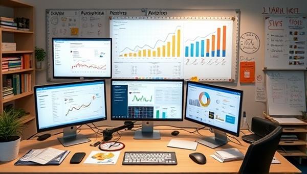 A digital workspace with multiple screens displaying e-commerce analytics, surrounded by product samples, marketing materials, and a creative whiteboard filled with optimization ideas, symbolizing the dynamic and data-driven approach of e-commerce optimization consulting.