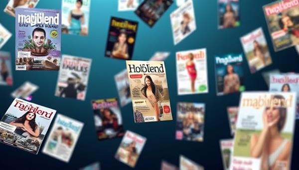 An array of digital magazine covers floating in a virtual space, each cover representing a different interest or category, symbolizing the diverse and personalized content available through MagiBlend subscriptions.