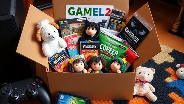 An enticing subscription box overflowing with gaming merchandise, including plushies, stickers, game codes, and snacks, surrounded by a gaming console and controller, creating a sense of excitement and anticipation for subscribers.