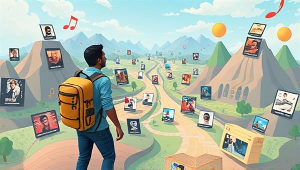 An artistic representation of a music lover exploring a virtual music landscape filled with diverse genres, artists, and interactive playlists, symbolizing the personalized and immersive music journey offered by TuneTrek.