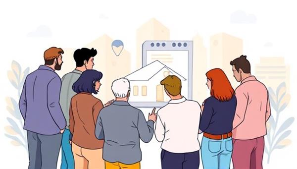 An illustration of a diverse group of investors collaborating on a digital platform, reviewing property investment opportunities and discussing investment strategies, symbolizing the community-driven investment approach of FundEstate.