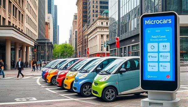 A cityscape showcasing a row of colorful tiny electric cars parked along a bustling street, with pedestrians walking by and a digital kiosk displaying rental information, highlighting convenience and urban mobility with microcars.