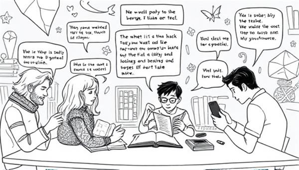 A group of writers immersed in a collaborative storytelling session, each contributing their ideas and characters to a shared narrative world displayed on a digital interface, with fantasy elements and literary references woven into the evolving story, illustrating the platform