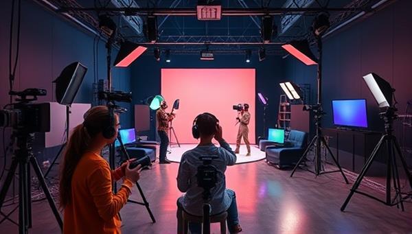 An artistic representation of a virtual photography studio with digital cameras, lighting equipment, and virtual sets, where avatars collaborate on a creative photo shoot, experimenting with different styles, compositions, and visual effects, showcasing the innovative and collaborative nature of the platform.