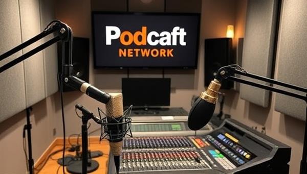 An audio recording studio setup with professional microphones, soundproofing panels, and a mixing console, depicting the behind-the-scenes production process of crafting high-quality podcasts within the PodCraft Network, setting the stage for engaging and impactful audio content creation.