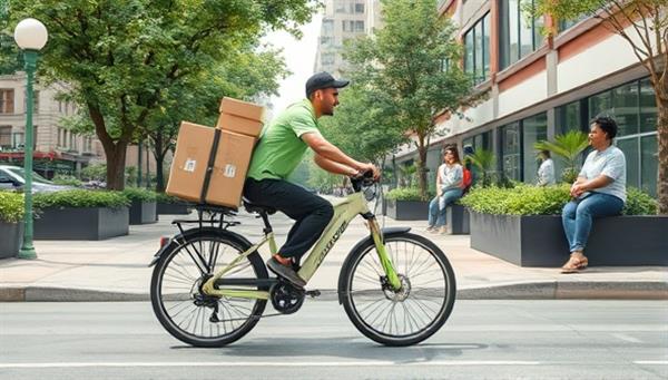 An artistic representation of a GreenWheel Courier in action, riding an electric bicycle loaded with packages, passing by green urban spaces and smiling recipients, embodying eco-consciousness, efficiency, and community impact.
