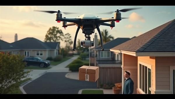 An engaging visualization of a delivery drone hovering above a suburban neighborhood, lowering a package to a customer waiting in their backyard, illustrating the convenience and futuristic nature of the SkyDrop Express autonomous delivery service.