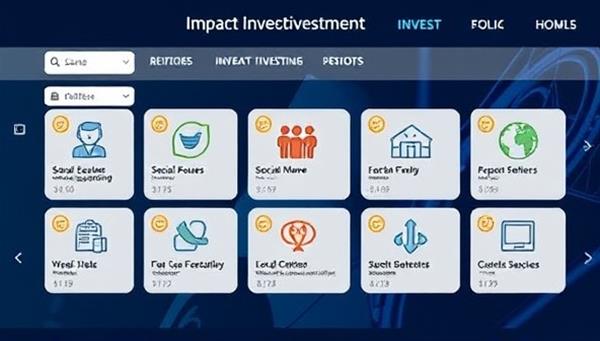An image of a digital platform interface featuring diverse impact investment opportunities with icons representing social causes and environmental initiatives, conveying the idea of making a positive impact through investing.
