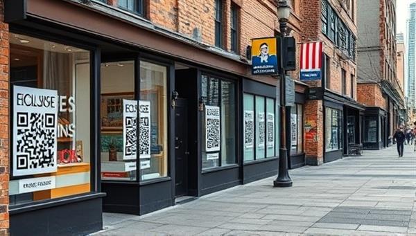 An urban street scene featuring various storefronts displaying QR codes on their windows, each leading to exclusive offers or information when scanned, illustrating the seamless integration of QR technology into local business marketing strategies for enhanced customer engagement.