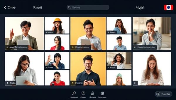 An online platform interface showing multiple virtual pods with diverse participants engaging in language learning activities, creating a dynamic and interactive learning environment.