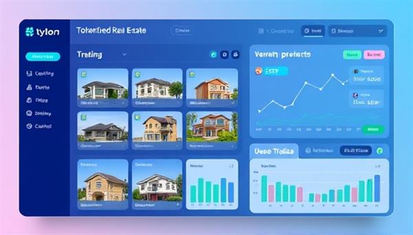An interactive platform interface featuring a diverse portfolio of tokenized real estate properties, investment performance charts, and user-friendly trading functionalities, illustrating accessibility and transparency in fractional real estate investing.