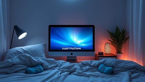 A relaxing virtual bedroom setup with a computer displaying a soothing sleep platform interface, surrounded by cozy bedding, dim lighting, sleep masks, and aromatherapy diffusers, creating a tranquil and restful online sleep wellness environment.