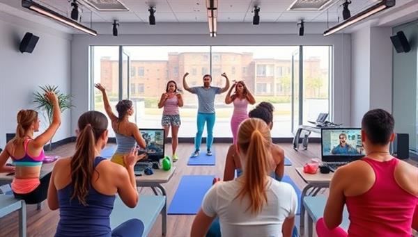 A vibrant virtual fitness class scene with diverse participants following a coach