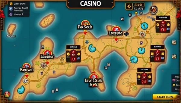 An interactive game map showcasing different casino quests and challenges, with rewards and bonuses displayed along the path, illustrating the gamified and adventurous nature of Casino Quest.