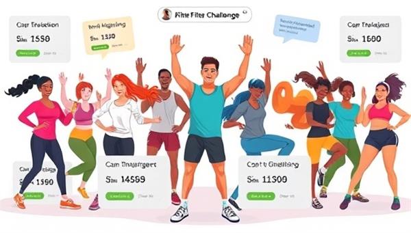 An energetic digital illustration featuring diverse individuals participating in a virtual fitness challenge, with progress trackers, motivational messages, and virtual high-fives, creating a vibrant and supportive online fitness community on the platform.