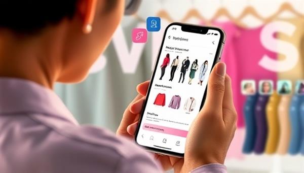 An artistic digital rendering of a user interacting with the StyleGenie app on a smartphone, receiving instant outfit recommendations and style tips, surrounded by virtual fashion items and color palettes, capturing the essence of personalized AI fashion assistance.