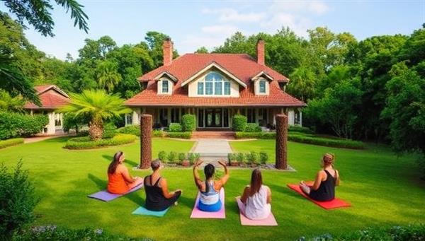 A serene and picturesque retreat setting featuring a luxurious property surrounded by lush greenery, with participants engaging in yoga sessions, meditation circles, and outdoor activities, highlighting the tranquility and rejuvenating experience of Tranquil Estates wellness retreats.