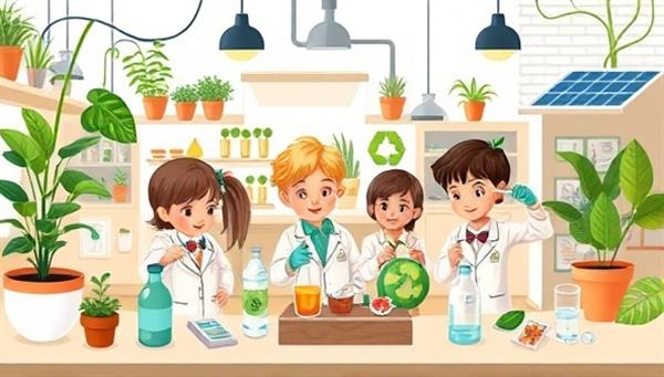 An imaginative lab setting with children enthusiastically experimenting with eco-friendly science kits, surrounded by plants, solar panels, and recyclable materials, showcasing the hands-on and eco-conscious approach of EcoSci Explorers