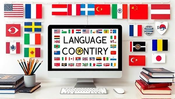 An online language consulting platform showcasing a diverse range of language flags and learning resources on a digital interface, surrounded by cultural symbols and language textbooks, promoting language diversity and education.