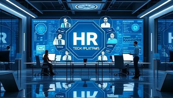 A futuristic office setting with a digital interface displaying HR tech platforms, surrounded by virtual HR team members collaborating seamlessly, symbolizing efficiency and innovation in HR processes.