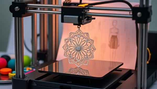 An elegant 3D printer in action, creating a beautifully intricate fashion accessory, surrounded by a palette of vibrant colors and design sketches, capturing the essence of creativity and customization.