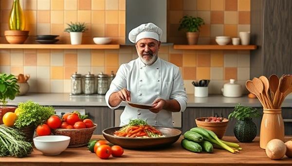 An online cooking class setup featuring a chef conducting a live demonstration of a delicious recipe, surrounded by fresh ingredients, cooking utensils, and a vibrant kitchen backdrop, inspiring culinary creativity and gastronomic exploration in a virtual setting.