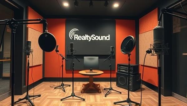 An artistic representation of a podcast studio setup with microphones, soundproofing panels, and recording equipment, capturing the essence of professional audio production and storytelling at RealtySound Studio.