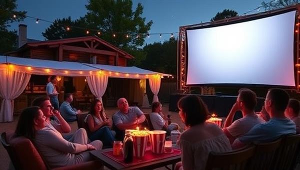 A charming pop-up movie theater setup with a giant screen, comfortable seating, and a snack bar filled with popcorn buckets, candy jars, and drinks, surrounded by excited moviegoers enjoying a film under the stars, conveying a cozy and festive cinematic experience.