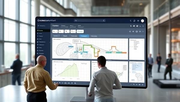 An interactive platform interface displaying a construction project dashboard with multiple users collaborating on plans, timelines, and design elements in real-time, highlighting the efficiency and teamwork enabled by the CollabConstruct platform.