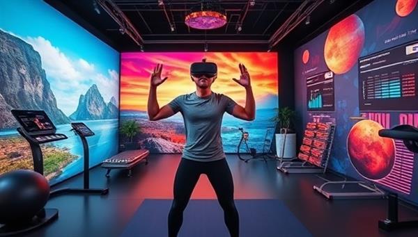 An immersive VR fitness studio environment with a virtual coach leading a high-energy workout session, surrounded by vibrant digital landscapes, workout equipment, and interactive fitness metrics, showcasing the dynamic and engaging fitness experience offered by VR Fit Fusion.