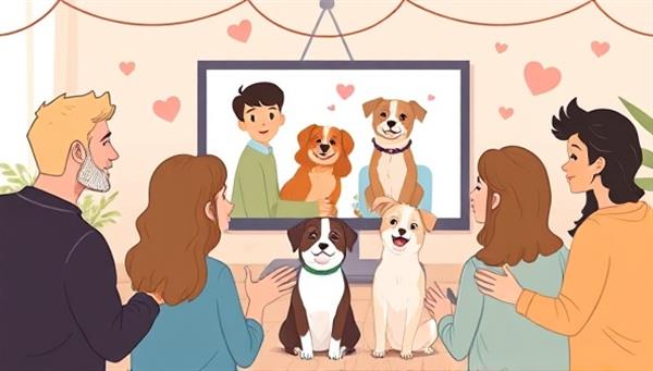 A heartwarming digital illustration of a virtual pet adoption event, featuring a diverse group of adopters interacting with cute and lovable pets via video call, with joyful expressions and wagging tails, creating a heartful and compassionate adoption experience.