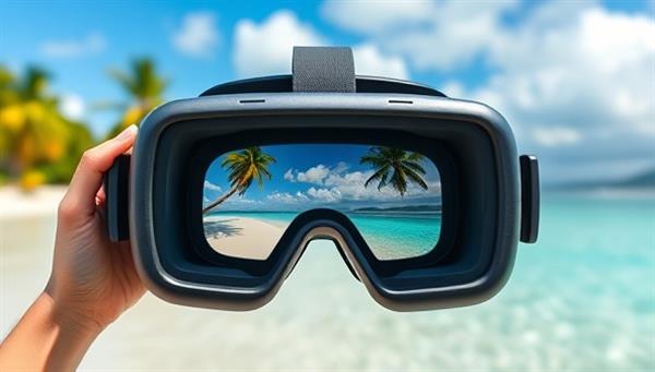 An enticing VR headset displaying a virtual tropical beach scene with crystal-clear waters and palm trees, enticing users to escape reality through VR travel experiences.