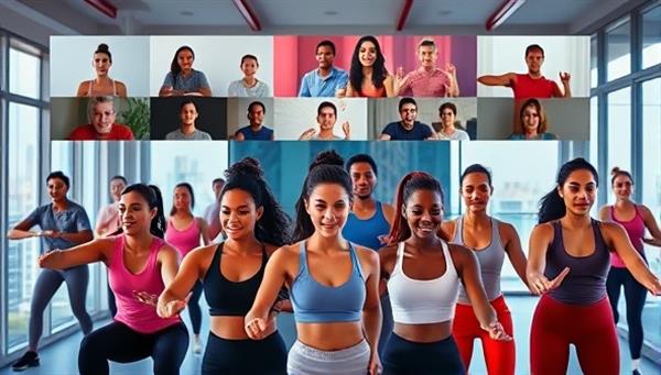 A dynamic and vibrant digital interface showcasing a diverse group of people exercising together virtually, with fitness trainers leading a workout session, creating a sense of community and motivation.