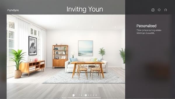 An inviting digital interface showcasing a 3D room rendering with virtual furniture placement, color schemes, and decor elements, illustrating the concept of personalized virtual interior design services.