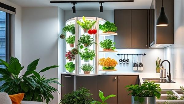 An urban apartment setting with a sleek, futuristic vertical farming unit integrated seamlessly into the kitchen decor, surrounded by lush green plants and colorful vegetables growing under soft LED lights, creating a modern and eco-friendly ambiance.