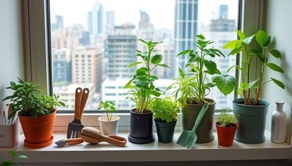 An eye-catching image of a compact urban farming kit displayed on a windowsill, featuring vibrant green plants growing in recycled containers, surrounded by eco-friendly gardening tools and a cityscape in the background, highlighting sustainability and urban living.