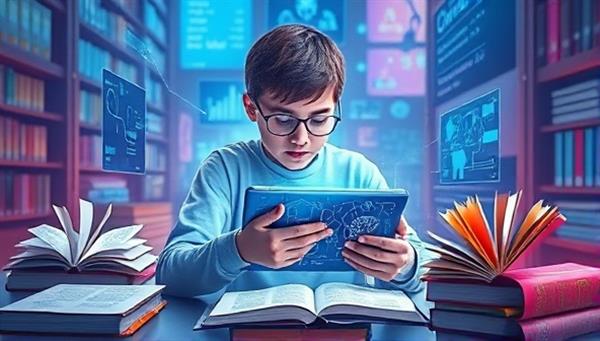 An imaginative digital artwork depicting a student interacting with a futuristic AI tutor on a holographic tablet, surrounded by virtual books and learning materials, creating a visually captivating and tech-infused educational environment.