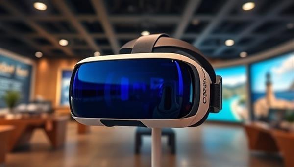 A futuristic VR headset displayed in a modern and inviting travel center setting, with virtual images of exotic destinations in the background, welcoming visitors to a new era of travel exploration.