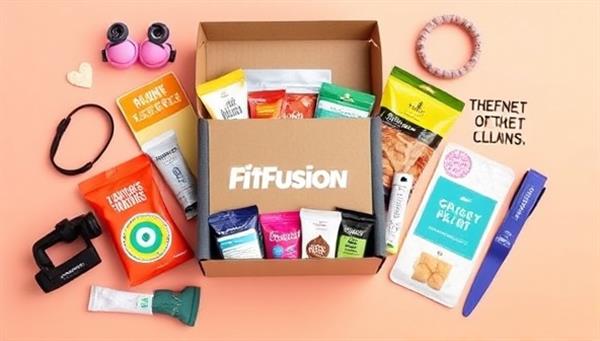 An attractive flat lay image of a FitFusion Box filled with colorful fitness products, snacks, workout accessories, and motivational quotes, arranged in an appealing and Instagram-worthy composition that excites curiosity and anticipation.