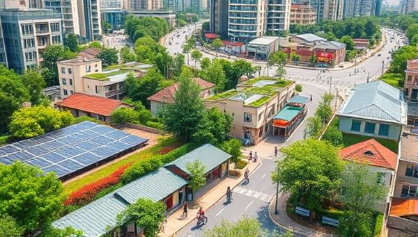 An urban landscape featuring eco-friendly infrastructure elements like solar panels, green roofs, and bike lanes integrated into city planning, with a diverse community enjoying the sustainable amenities, illustrating a harmonious blend of nature and technology.